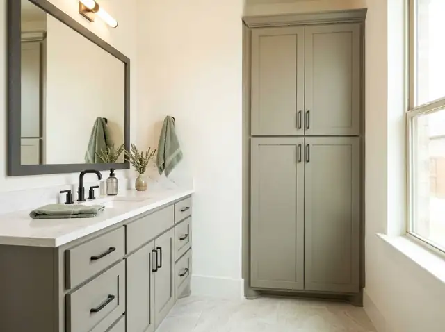Painted shaker-style bathroom vanity with drawers next to a tall linen cabinet